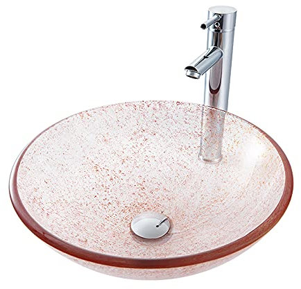 VNNHGB Rundes Aufsatzwaschbecken fürs Badezimmer, Aufsatzwaschbecken aus gehärtetem Glas, modernes Kunstwaschbecken mit Abflusskombination (rot mit Wasserhahn)