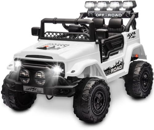 HAUSPROFI Kinder Elektroauto 12V, Elektroauto für Kinder mit 2,4G Fernbedienung, LED, Bluetooth, Musik, 3-5 km/h, Kinderauto Elektrisch, Elektro Kinderauto für ab 3 Jahren, Weiß
