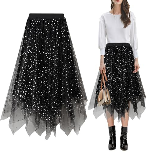 Baogaier Jupe Femme Paillette Tulle Tutu Noir Élégante Midi-Longue Asymétrique sous-Jupe superposée Jupe plissée A-Line Elastique Taille Jupe Midi Classique Prom Party Carnaval Costume Féminin