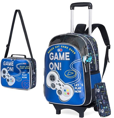 HTgroce 3pcs Rucksack Trolley mit 2 Rollen für Kinder Jungen Rucksack Schultasche Schulranzen Kinderrucksack Schultrolley Schulrucksack Mit Brotzeittasche und Federmäppchen