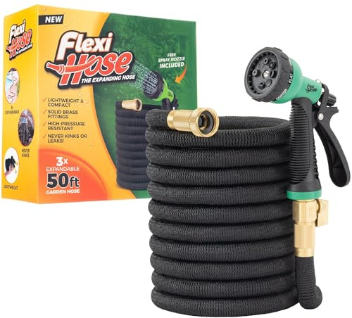 Flexi Hose Expandable Garden Hose with 8 Function Nozzle, 50FT - Lightweight Retractable Garden Hose, Water Hose - No-Kink Flexibility, 3/4 Inch Solid Brass Fittings and Double Latex Core