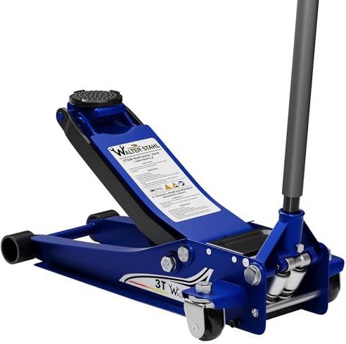 Walter Stahl 3T Hydraulischer Wagenheber Flache Hubhöhe 75-500mm, Profi Rangierwagenheber hydraulischer Autos Heber mit Doppelpumpsystem Doppelkolben 360° Rollen Gummiauflage für Extra Stabil