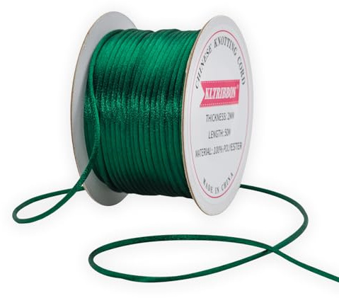 KLTRIBBON Christmas Green 2mm Rattail Cord String - 50 Meters Chinese Knotting Cord Rat Tail Silk Rope for Bracelet Necklace Jewelry Making Macrame Trim