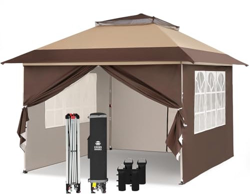 CROWN SHADES 4m x 4m Pop Up Gazebo with 4 Removable Side Panels, Double Roof Pop Up Party Canopy, Height-Adjustable Metal Frame Garden Shelter for Patio & Outdoor Events, Includes Carry Bag