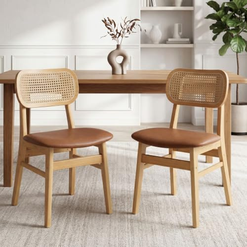 Ya-Home Esszimmerstühle 2er Set PU Leder Küchenstühle mit Rückenlehne Akzentstühle Rattan Polsterstuh mit Massivholzbeinen für Esszimmer/Wohnzimmer/Küche, Braun