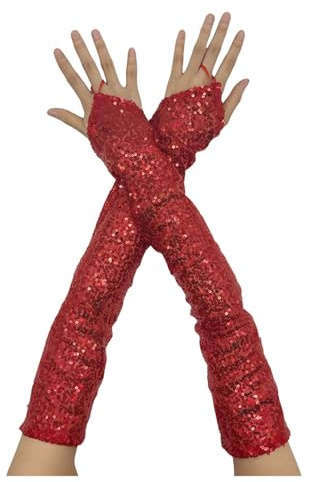 Glitzer Fingerlose Handschuhe Damen Pailletten Handschuhe Abendhandschuhe Ellenbogen Lange Glänzend Tanzhandschuhe Hochzeit Braut Armstulpen für Abschlussball Karneval Halloween (Red, One Size)