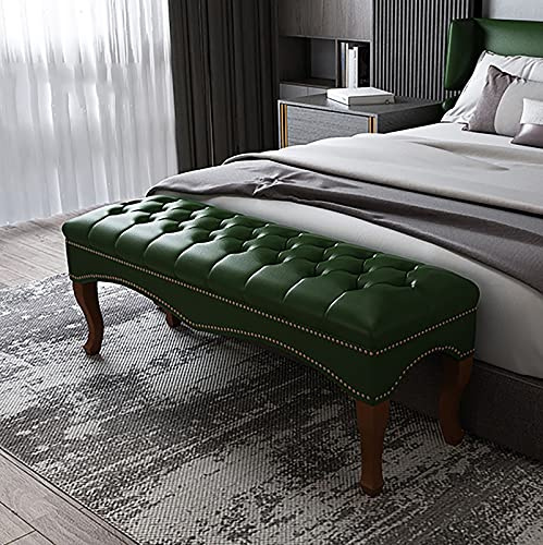 Hochwertige gepolsterte Bettbank aus Leder, moderner Sofasitz mit Massivholzbeinen, multifunktionaler Fußhocker für Schlafzimmer, 60 x 40 x 45 cm, Grün