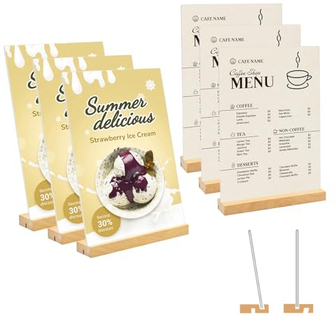 Hyacinthy Lot de 6 Présentoirs de Table A5, L/T Forme Plaque en Acrylique A5 Support Affiche, Double Face Porte-menu avec Base en Bois, Porte-feuille pour Exposition Café Bureau école-15*21CM