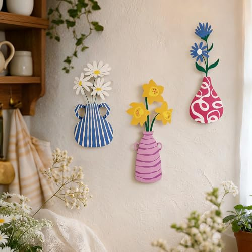 WVOPIAHY 3 Stück Metall Blumen Wanddeko, Bunte Metall Vase Wandskulptur, Wandkunst für Wohnzimmer Badezimmer Schlafzimmer Esszimmer Küche Dekorationen,11.8x33CM,16.5x33.6CM,14.3x28CM