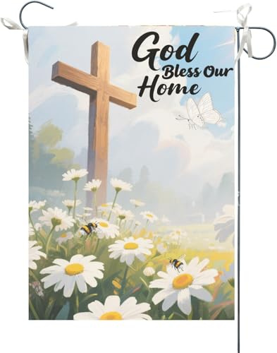 Bandera Del Orgullo Dios Bendiga Nuestro Hogar Crisantemo Inspirador Religioso Garden Flag Lavable Bandera Balcón Resistente Al Viento Y La Lluvia Banderas Premium Para Patio 30X45CM