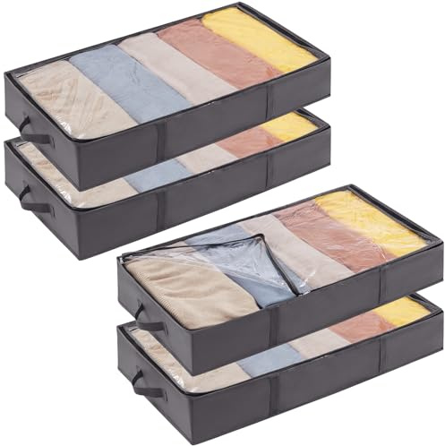 Lifewit Förvaringslåda under Säng med 4 Förstärkta Handtag, Stor Klädförvaring Vikbar, Förvaringsväska för Kläder, Lakan, Skor, Grå, 90 x 48 x 15 cm, 65L, 4-Pack