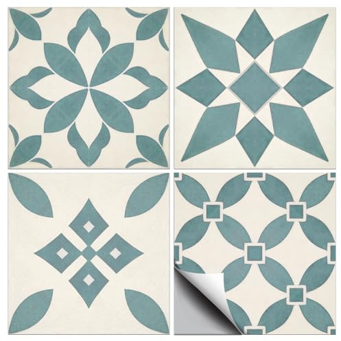 CONCHLERY 36 adesivi per piastrelle in 4 stili retrò blu e verde, motivo geometrico, impermeabili, autoadesivi, per cucina, bagno, arte da parete, 10,2 x 10,2 cm