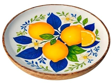 SIGNES GRIMALT Grande Assiette Motif Citrons – Bois de Manguier & Résine – Décor Agrumes Jaune Bleu – Ø 22 cm – Collection HappyDko