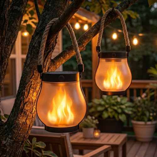 Macchiatto Solar Flammenlaterne für Außen 2er Set, Solarlaterne Lampions Hängend mit flackernder Flamme, IP65 Wasserdicht Wetterfest, Solar Lichterkette Außen Outdoor für Garten Terrasse Balkon Deko