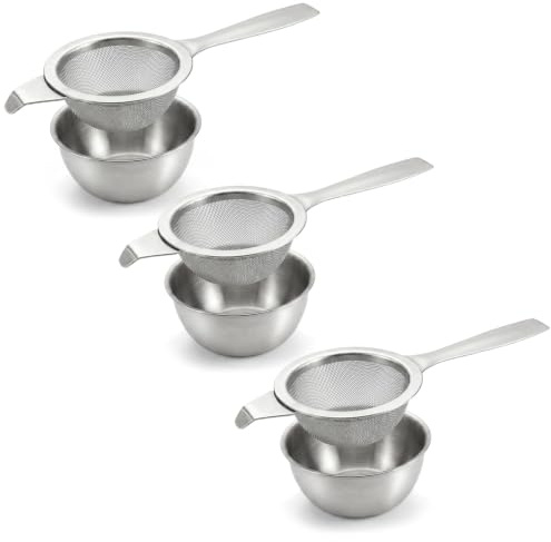 Hounyou 3Pcs Loose Leaf Tea Strainer Stainless Steel, Metal Tea Strainers Fine Mesh and Bowl, Non-Slip Handle, Easy to Clean