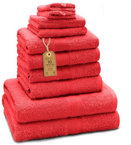 GREEN MARK Set di 10 asciugamani in 100% cotone – 4 asciugamani per mani 50×100, 2 asciugamani grandi da doccia 70×140, 2 asciugamani per ospiti 30×50, 2 guanti da bagno – Rosso