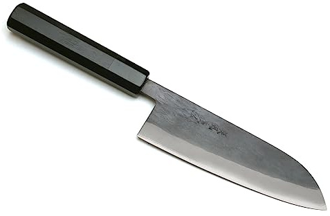Yoshihiro Kurouchi Black-Forged Blue Steel Stainless Clad Santoku Multipurpose Knife Ebony Handle (6.5'' (165mm) & No Saya)