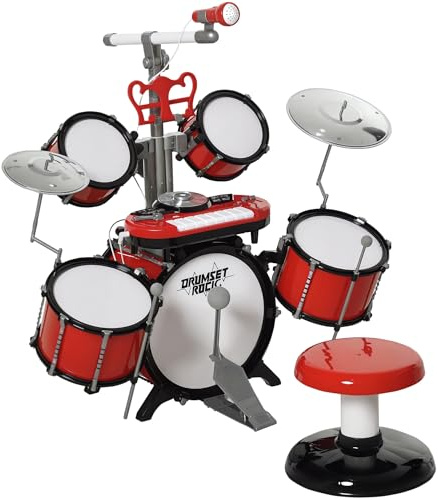 HOMCOM Batería Infantil con Taburete, Jazz Batería Infantil con 4 Tambores, Micrófono, Platos, Baquetas Teclado, Instrumento Musical para Niños +3 Años, Rojo