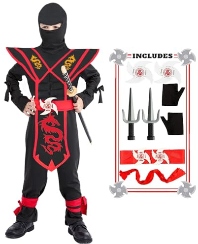SATKULL Costume de ninja pour enfants – Ensemble d'accessoires de costume de ninja de luxe pour garçons – Jouets pour les fêtes costumées d'Halloween (enfants-XL-10/12T)