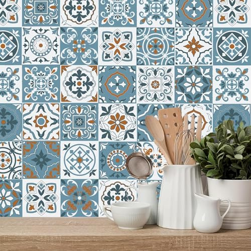 HPNIUB 30 Stück Bunt Fliesenaufkleber,Mosaik Küche Wandaufkleber,DIY Marokkanischer Fliesenfolie für Badezimmer,Treppenaufkleber Wandfliese Aufkleber,Wasserdicht Selbstklebende Fliesensticker,15×15CM