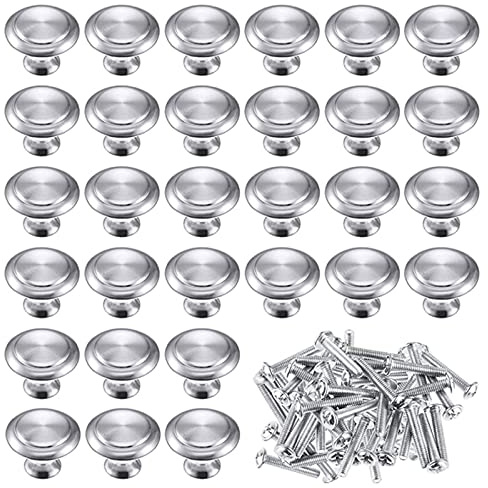 Lot de 30 boutons de meuble en acier inoxydable - Boutons de tiroir ronds - Avec vis - Cuisine, tiroir, armoire, chambre