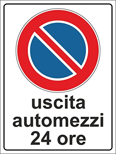 Pubblimania USCITA AUTOMEZZI DIVIETO DI SOSTA Cartello in Alluminio composito per esterno - interno, metallo resistente spessore 3 mm (Cm 30x40)