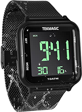 TEKMAGIC SZBANGLIN 10 ATM wasserdichte Edelstahluhr für Herren Jungen Schwimmen Taucheruhr mit Chronograph, Wecker, Zwei Zeitzonen Anzeigefunktionen, 12/24 Stunden Format