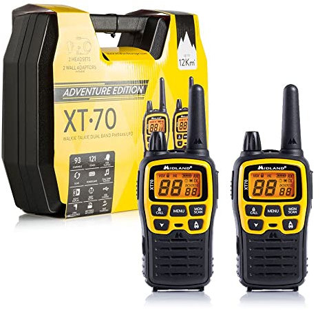 Midland - Adventure Premium Case Walkie Talkies XT70 with 2 Headset, Full Optional Valibox, Long Range Walkie Talkies for Adults with 69 LPD, 24 PMR446 Channels, 12 km Communication Range, 18h Battery