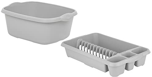 M1SS Set of 2 Soft Grey Plastic Medium Dish Drainer with Washing Up Bowl Kitchen Organiser