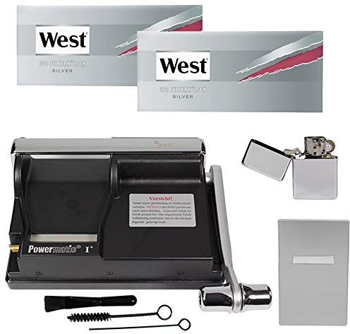 Powermatic 1 Plus ELITE Zigarettenstopfmaschine I Zigarettenstopfer Zigarettenmaschine Zigarettenfertiger Zigarettenhülsen Filterhülsen Benzinfeuerzeug Alu Box mit Magnetverschluss (Silber Set)
