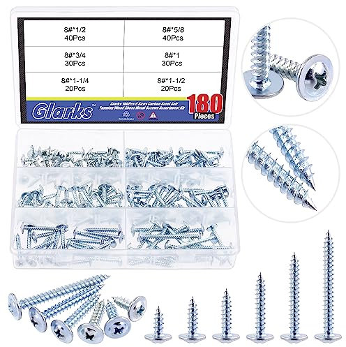 Glarks 180Pcs 6 Sizes #8 Phillips Modified Truss Head Wood Screws Assortment Kit, 8 x 1/2, 5/8, 3/4, 1, 1-1/4, 1-1/2 Blue Zinc Plated Carbon Steel Self Tapping Sheet Metal Screws Set