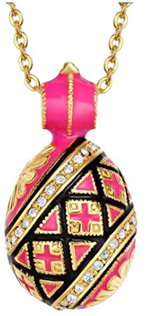 Générique Pendentif œuf Echarpe émaillée fuchsia et dorée avec motif floral et cristaux – Bijou raffiné dans le style de Fabergé – Chaîne plaquée or incluse