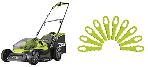 Ryobi RY18LM37A-140 18V ONE+ Cordless 37cm Lawnmower Starter Kit (1 x 4.0Ah) Amazon Exclusive & RAC158 Heavy Duty Blade Replacements (10 Pack)
