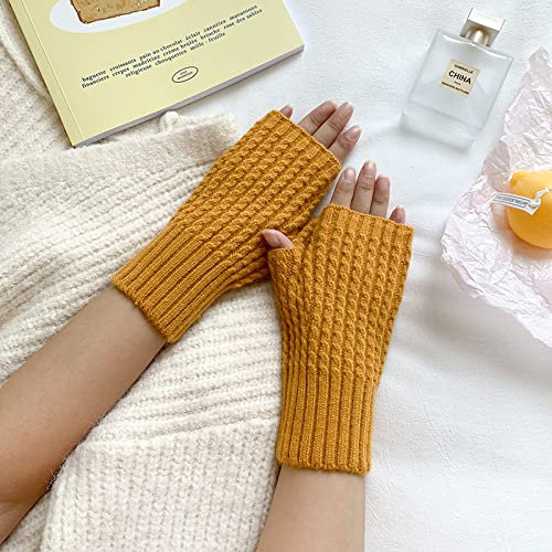 Liyinco Winter Bunte Gestrickte Fingerlose Handschuhe Damen Warm Gestrickte Plüsch Fingerlose Handschuhe Outdoor Büro Halbfingerhandschuhe Gelb Einheitsgröße