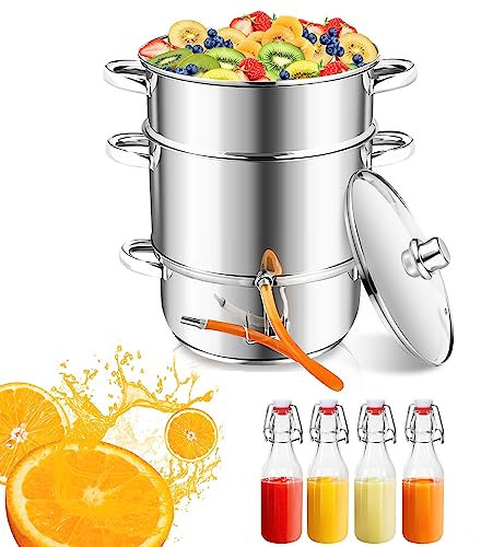 Ikodm Exprimidor de vapor, 16 L, 26 cm de diámetro, acero inoxidable, apto para todo tipo de cocinas, extracción de zumo de fruta natural y azúcar de fruta, con 4 botellas de planchado