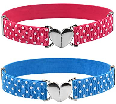 Kiench Mädchen Elastisch Verstellbar Gürtel Kinder Stretchgürtel mit Herz Schnalle 2er-Pack Tupfen Amarantha & Punkte Blau EU Taillenumfang 55cm-70cm = Gesamtlänge 65cm
