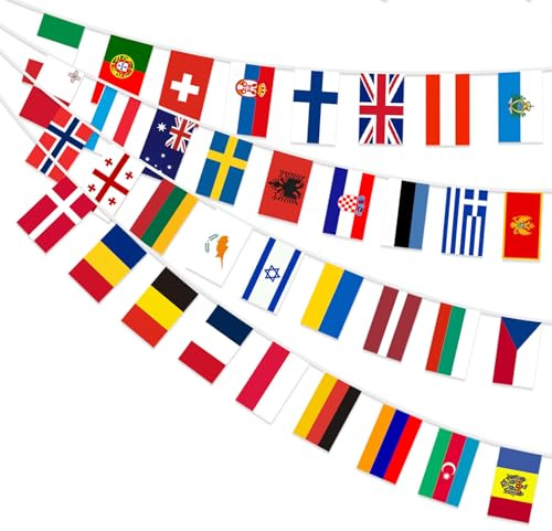 AhfuLife Eurovision Europäische Flagge Wimpelkette, 35 Länder Doppelseitige Stoff-Wimpelkette Europäische Flagge Bunting für Eurovision 2026 Song Contest Party Bar Club Garten Straße Deko (4 Stück)