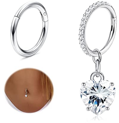 Diamday 2 Pièces Piercing Nombril Acier Chirurgical Piercing Nombril Anneau | 14G Piercing Nombril pour Femme, Hypoallergénique Percing Au Nombril Or Argent, Zircon Papillon Cœur Anneau Nombril Pendant