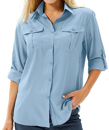 Asfixiado Camisa de mujer UPF 50+ con protección UV, camiseta de manga larga para mujer, blusa de senderismo, ropa de safari, transpirable, para exteriores, fresca, de secado rápido, camiseta
