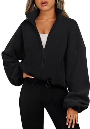 AUTOMET Womens Fleece Jackets Zip Up Oversized Sweatshirts Winter Clothes Long Sleeve Crop Sherpa Fall Outfits Fashion Black M