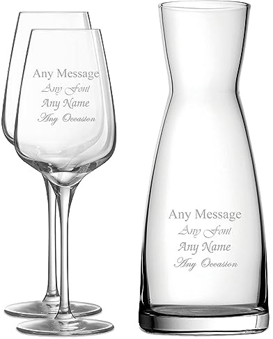 Personalised Engraved Set of 2 Sublym Wine Glass and Contemporary Carafe Set, Customise with Any Message for Any Occasion, Stylize from a Variety of Fonts, Gift Boxes Included, Laser Engraved