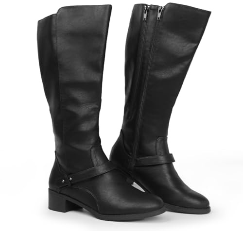 Hawkwell Bottes d'équitation hautes à double fermeture éclair pour femmes, mollet large, PU noir, EU 42