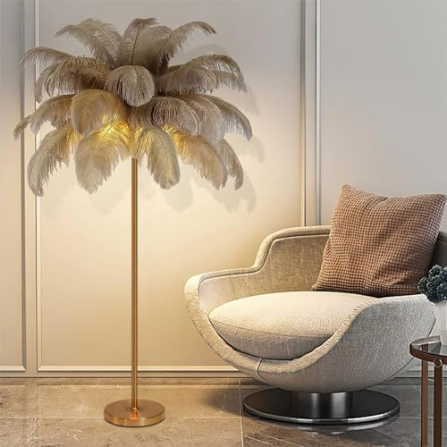 ANram lampada da terra in piuma di struzzo naturale, in oro, moderna lampada in piedi con paralume elegante, alta per camera da letto
