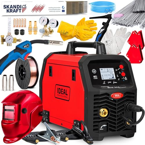 Ideal Tecno MIG 205 - Soldador por puntos de 200 A, soldadura con gas, Sinergia completa - MIG/MAG, TIG, MMA, Flux - Maquina de soldar inverter con IGBT - Set Professional