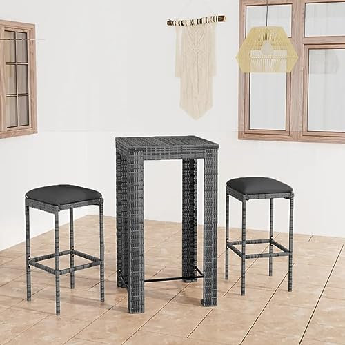 Tidyard 3-TLG.Gartenbar-Set Garten Bar Set Sitzgruppe Rattan Bar Tresen Theke Tisch Barset Garten Tisch Outdoor Gartenmöbel Set mit Kissen Poly Rattan Grau-397