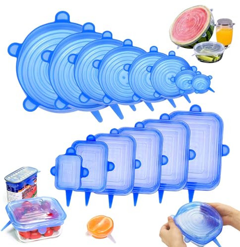 SXunacou 14 piece set circular square silicone dustproof and fresh-keeping cover, kitchen and household stretchable refrigerator microwave sealing and fresh-keeping film (blue)