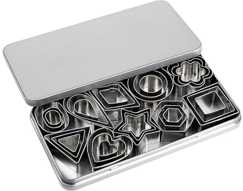 VEDA Set di 30 formine per biscotti in acciaio inox con scatola portaoggetti, forme geometriche, formine per biscotti