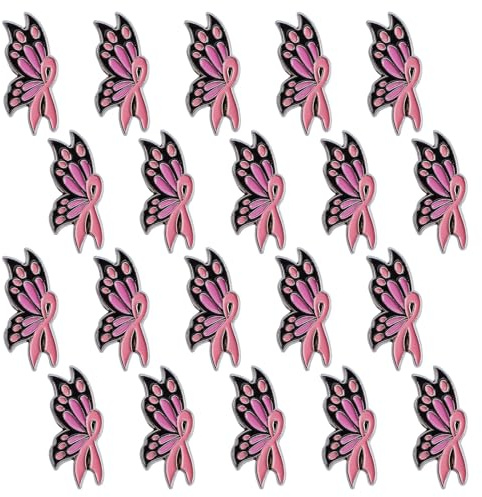 WANDIC 20 PCS Octobre Rose Pins Broches, Pin Octobre Rose Sensibilisation au Cancer du Sein en Forme de Ruban Motif Papillon en Émail Bijoux, pour Vêtements Accessoires