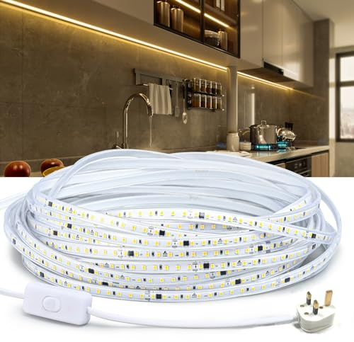 SUNBEYOND LED Strip Lights 6m,220V Flexible Outdoor Lighting Waterproof Led Tape Ribbon Adhesive,Warm White 3200K 6meters for Bedroom,Kitchen,Garden,Home Room Decoration,Indoor Lamp with Switch