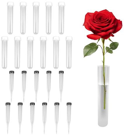 KATIMI 22 Stück Reagenzgläser für Blumen, Transparent Blumenröhrchen Kunststoff, 11 × 1.8 cm Reagenzglas Vase mit Silikon Deckel, Orchideenröhrchen für Blumenarrangements Dekoration